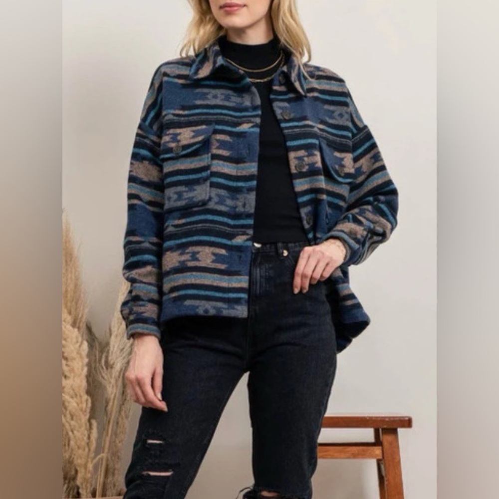 Perch Blu Pepper Blue and‎ Tan Aztec Western
Print Shacket Jacket New